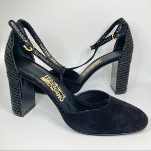 Salvatore Ferragamo Fergie T-Strap Suede Heels